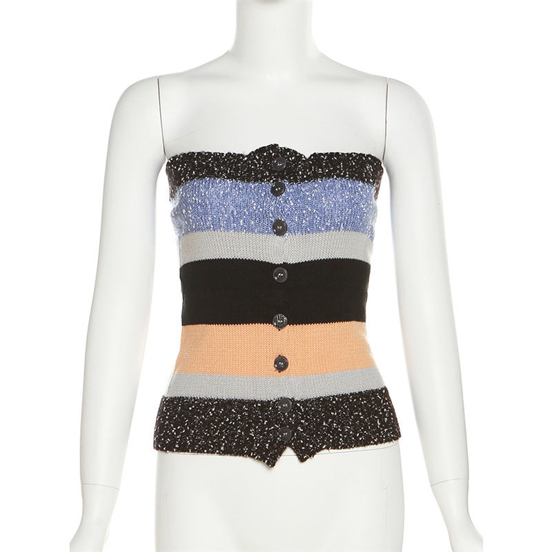 Damen Bandeau-Top mit bunten Streifen und dekorativen Knöpfen R&B
