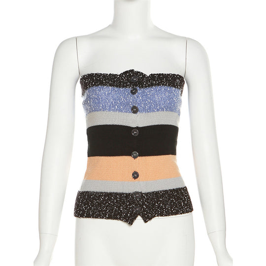 Damen Bandeau-Top mit bunten Streifen und dekorativen Knöpfen R&B
