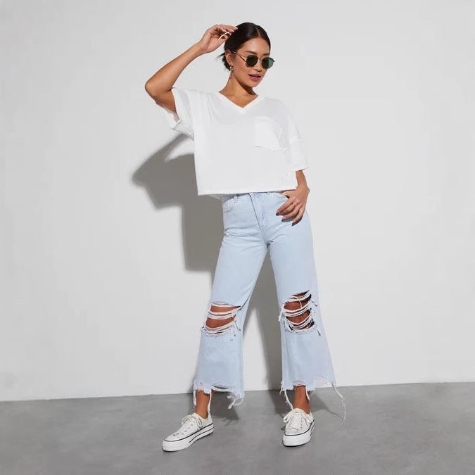 Damen Mom Jeans mit ausgefranstem Saum und Rippen-Details R&B