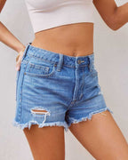Damen Jeansshorts im distressed Look mit fransigem Saum und hohem Bund R&B