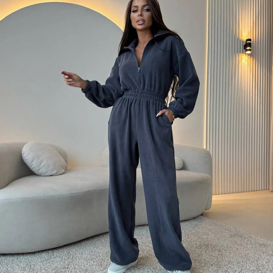 Damen eleganter Jumpsuit mit kurzem Reißverschluss und elastischem Bund R&B
