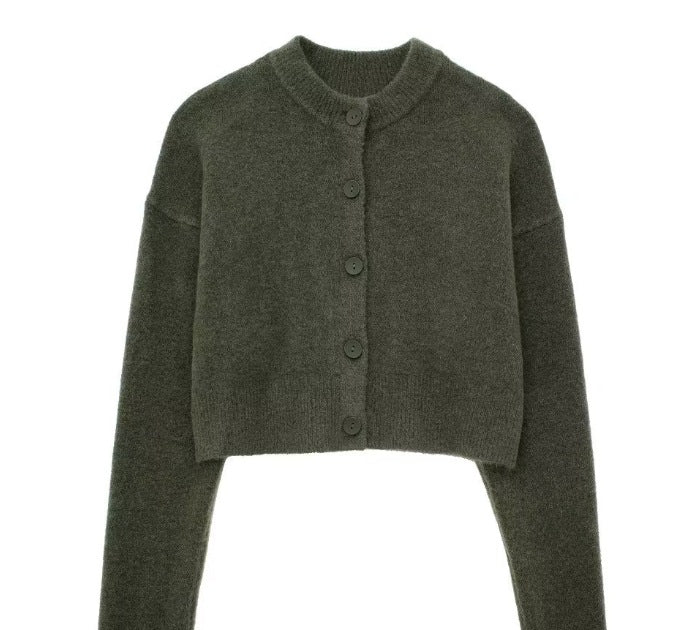 Damen Kurze Strickjacke mit Knopfleiste und Elegantem Rundhalsausschnitt R&B