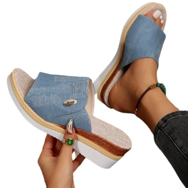 Damen Wedge-Pantoletten mit elegantem Denim-Obermaterial und komfortabler Fußbettung R&B