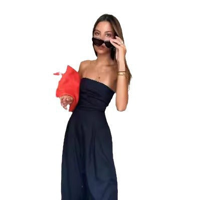 Damen trägerloser Jumpsuit mit weitem Bein und seitlichen Taschen R&B
