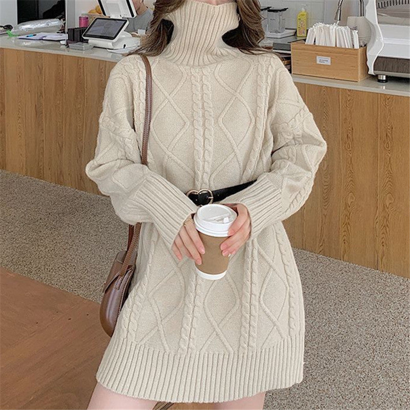 Damen Langer Strickpullover mit dickem Zopfmuster und Stehkragen R&B