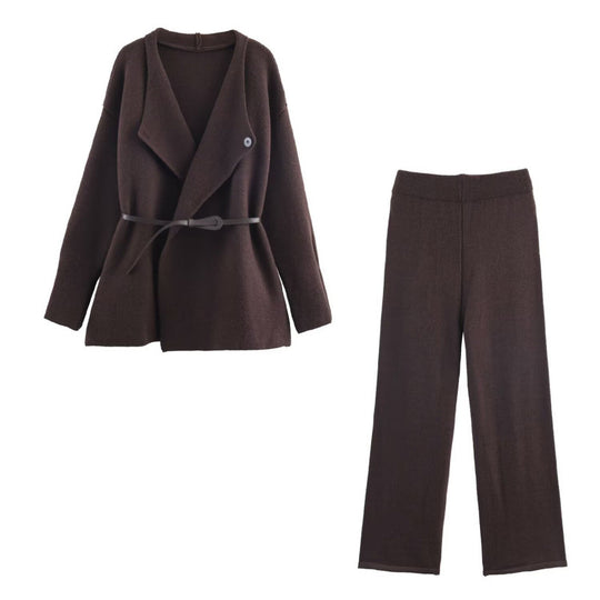 Damen elegantes Strickset mit tailliertem Blazer und weitem Hosenbein R&B