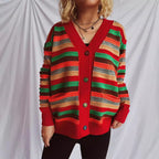Damen Strickjacke mit buntem Streifenmuster und knöpfbarem Design R&B