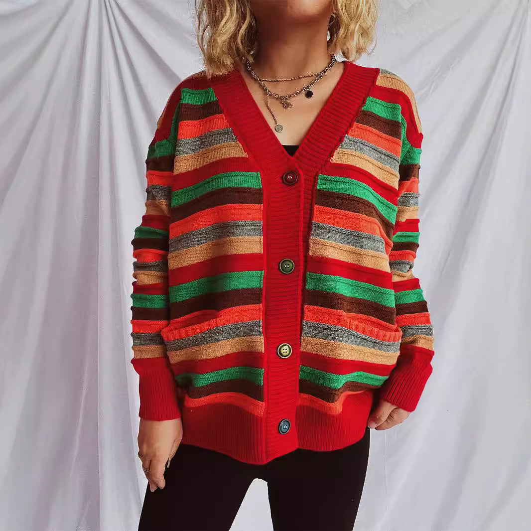 Damen Strickjacke mit buntem Streifenmuster und knöpfbarem Design R&B