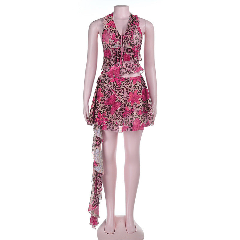 Damen asymmetrisches Wickelkleid mit Rüschendetails und femininem Leopardenmuster R&B