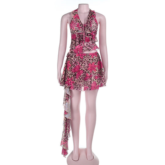 Damen asymmetrisches Wickelkleid mit Rüschendetails und femininem Leopardenmuster R&B