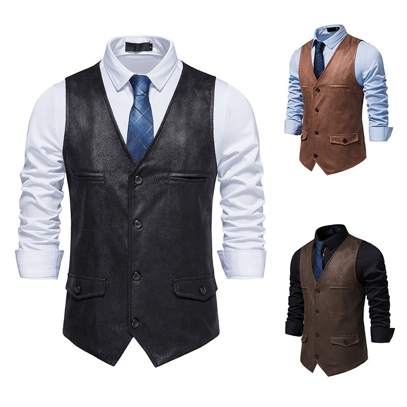 Herren elegante Weste aus Kunstleder mit praktischen Taschen