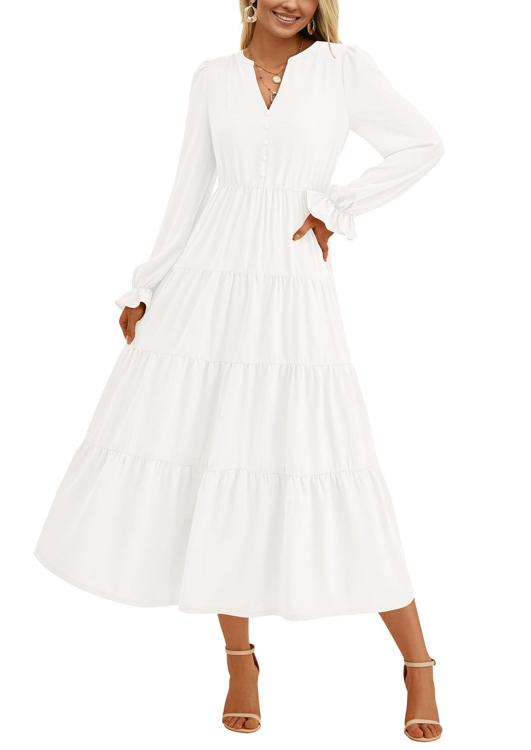 Damen Maxikleid mit romantischen Rüschendetails und elegantem V-Ausschnitt R&B