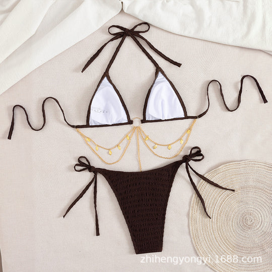Damen Triangel-Bikini mit goldenen Kettenverzierungen R&B