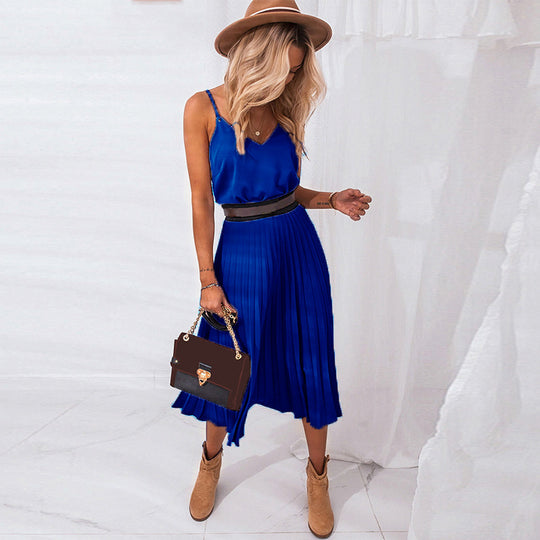 Damen Plissee Midi-Kleid mit Spaghettiträgern und schmeichelnder Silhouette R&B