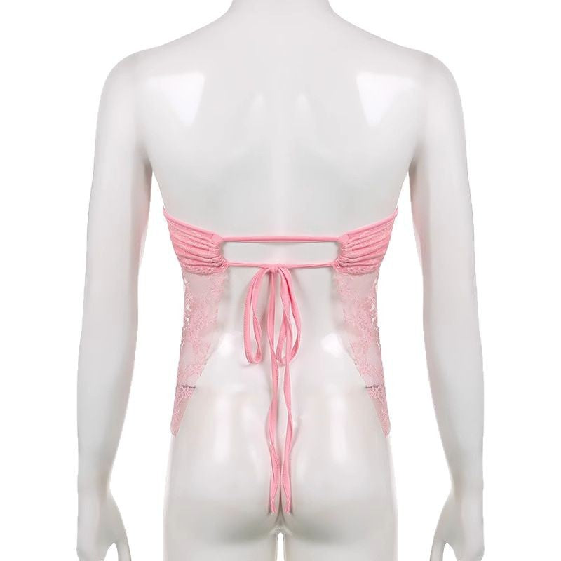 Damen Spitzen-Crop-Top mit elegante Raffung und transparenter Details R&B