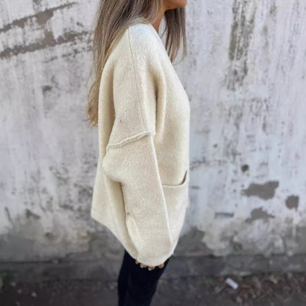 Damen kuschelige Strickjacke mit großen Taschen und Knopfdetails R&B