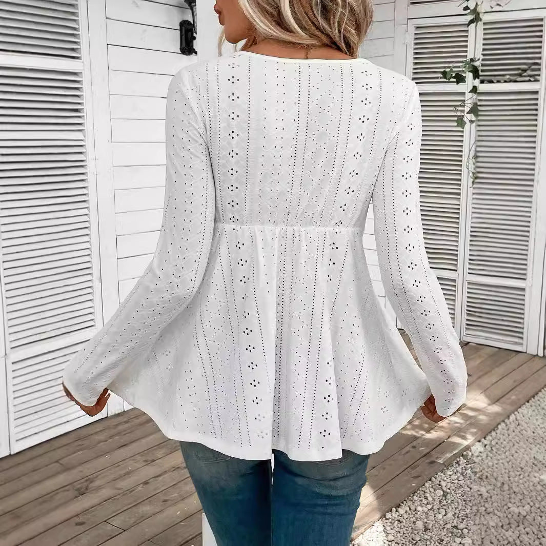 Damen nan romantische Broderie-Anglaise Tunika mit Taillen-Spitzenband und V-Ausschnitt R&B