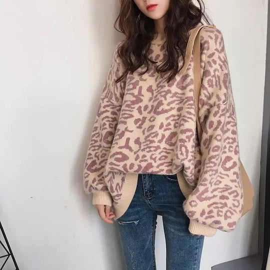 Damen Oversized Strickpullover mit Leopardenmuster und weichem Material R&B