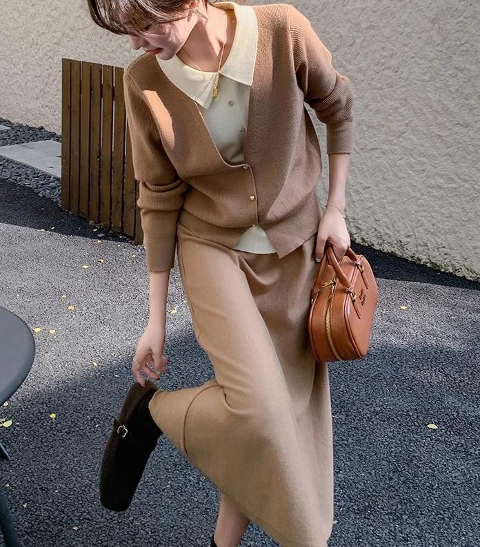 Damen Strickensemble mit eleganter Blusenoptik und weitem Rock R&B