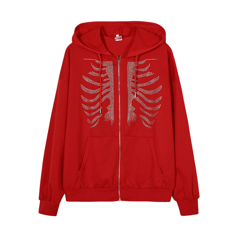 Damen Kapuzenjacke mit einzigartigem Skelett-Design und funkelnden Strasssteinen R&B