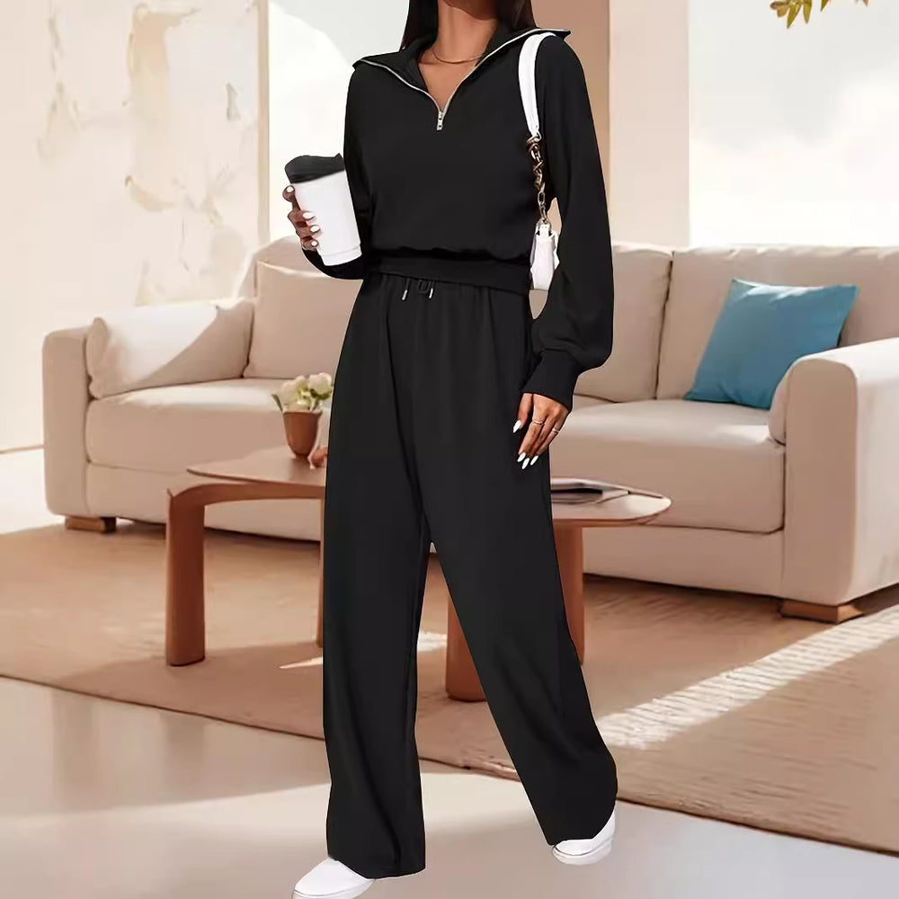 Damen Lässiger Jumpsuit mit Reißverschluss und weitem Bein R&B