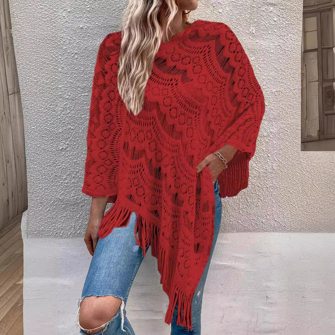 Damen eleganter Poncho mit dekorativem Häkelmuster R&B
