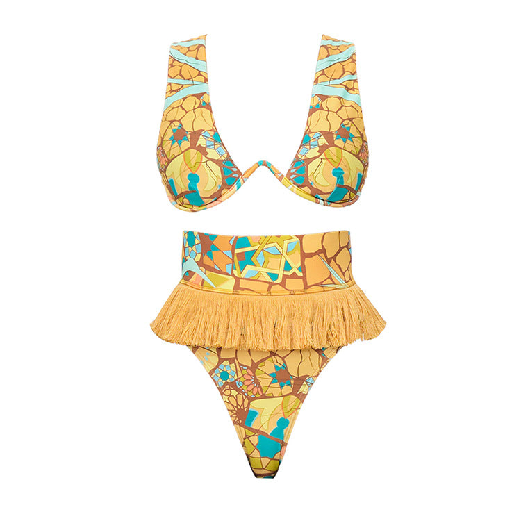 Damen Bikini-Set mit fransigem Saum und kreativem Muster R&B