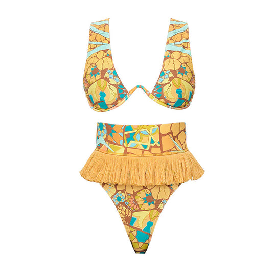Damen Bikini-Set mit fransigem Saum und kreativem Muster R&B