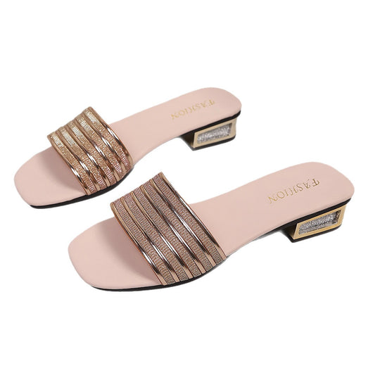 Damen elegante Pantoletten mit glitzerndem Riemen-Design und blockiertem Absatz R&B