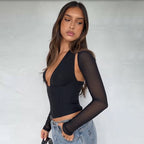 Damen Hochgeschlossenes Crop-Top mit transparenten Ärmeln R&B