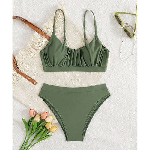 Damen Push-Up Bikini mit gerafftem Oberteil und hohem Bund R&B