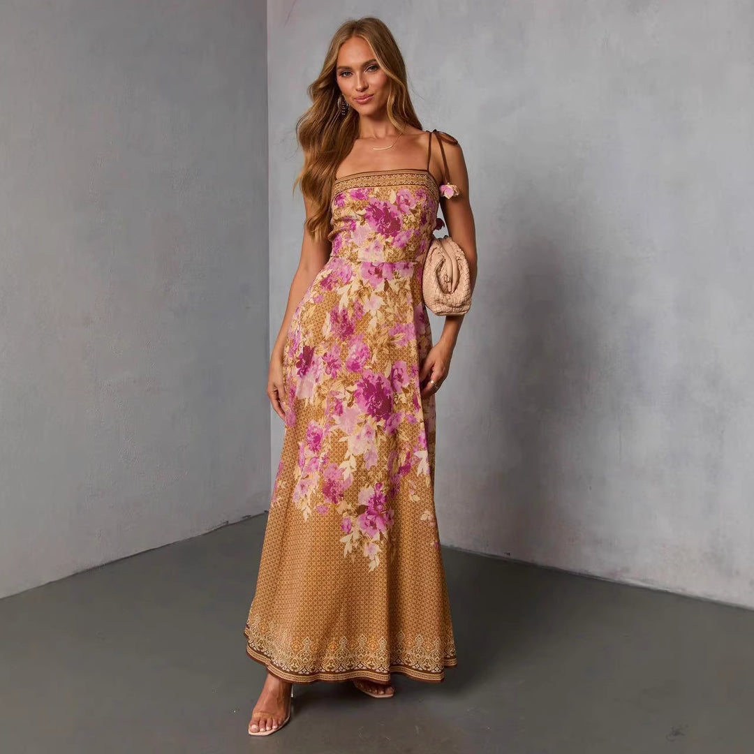 Damen Maxikleid im romantischen Bohemian-Stil mit floralen Akzenten und verstellbaren Trägern R&B
