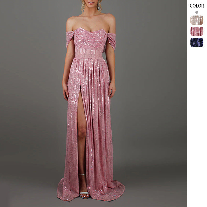 Damen Glitzerndes und schulterfreies Abendkleid mit tiefem Schlitz R&B