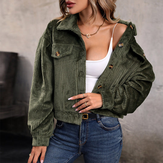 Damen Cordjacke im lässigen Schnitt mit zwei Brusttaschen und modischer Knopfleiste R&B