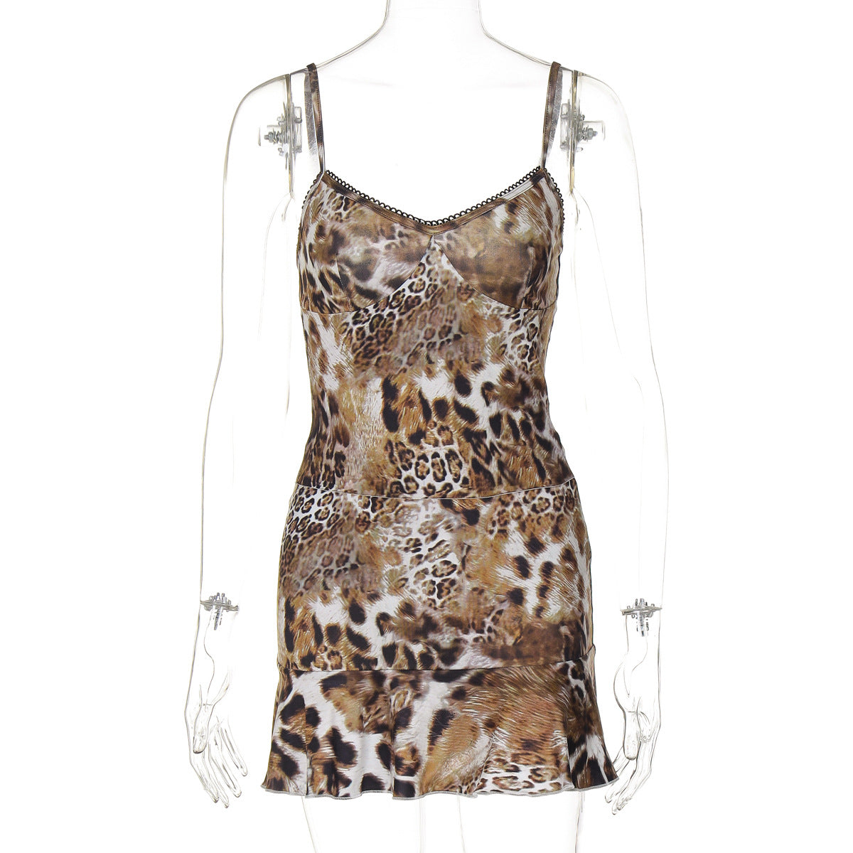 Damen Minikleid mit aufregendem Leopardenmuster und Spitzenbesatz R&B