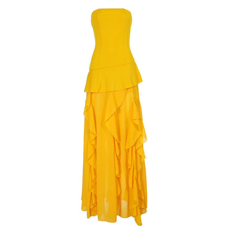 Damen fließendes Maxikleid mit Rüschen und Volant R&B