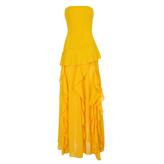 Damen fließendes Maxikleid mit Rüschen und Volant R&B