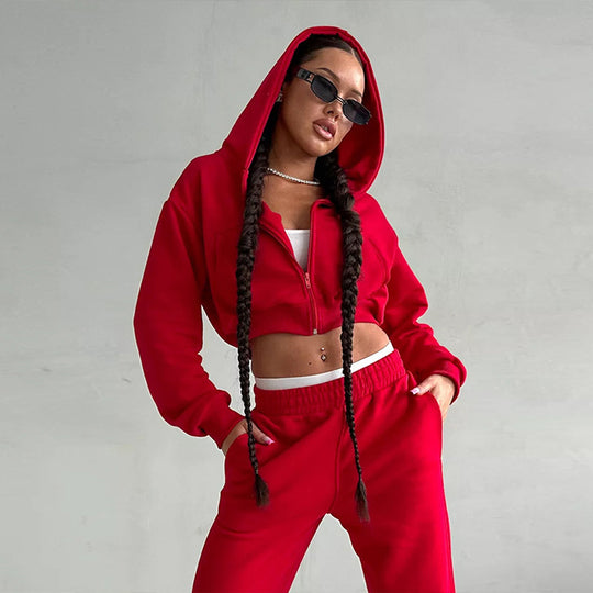 Damen Sportliches Zipper Hoodie und weite Jogginghose Set R&B