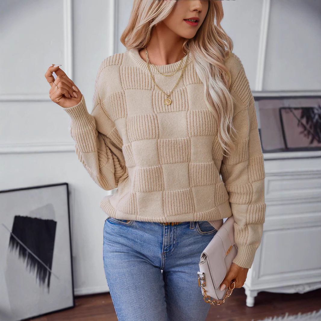 Damen Strickpullover mit modischem Karomuster und lässigem Schnitt R&B