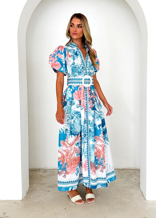 Damen Maxikleid mit hohem Kragen und eleganten Puffärmeln R&B