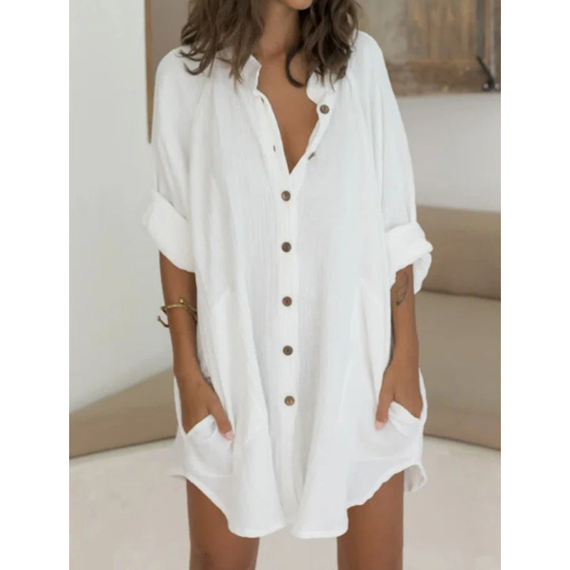 Damen Oversized Hemdblusenkleid mit praktischen Taschen und Knopfleiste R&B