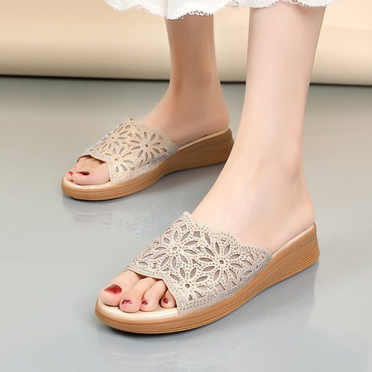 Damen Elegante Wedge-Sandaletten mit funkelndem Blütenmuster und komfortablem Fußbett R&B