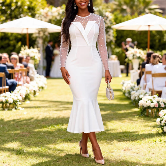 Damen Elegantes Hochzeitskleid mit transparenten Puffärmeln und Taillengürtel R&B