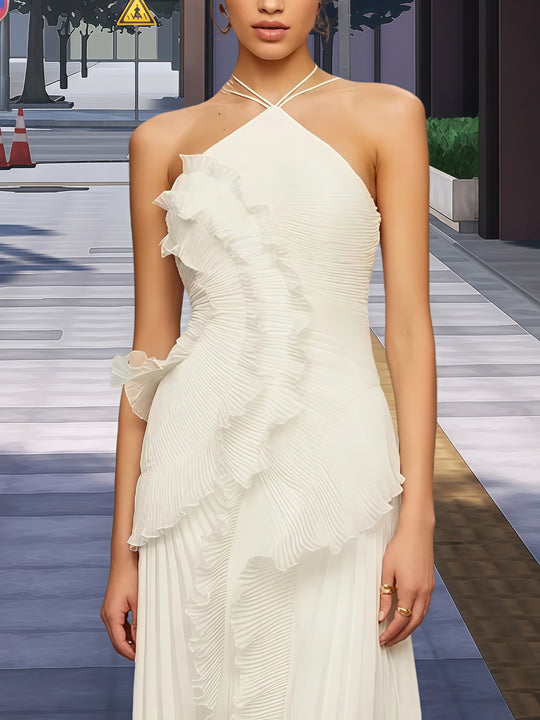 Damen Elegantes Wickelkleid mit fließendem Faltenrock und asymmetrischen Rüschendetails R&B