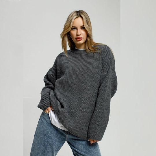 Damen Grob gestrickter Komfortpullover mit Rundhalsausschnitt R&B