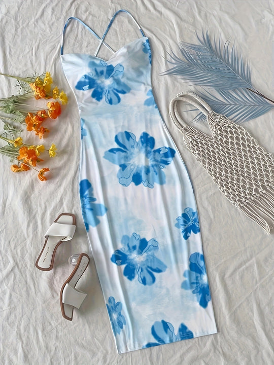 Damen figurbetontes Maxikleid mit attraktiven Spaghettiträgern und floralen Mustern R&B