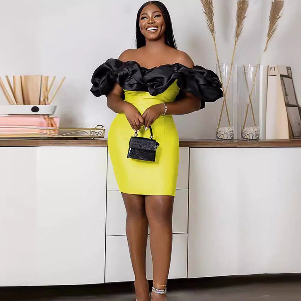 Damen figurbetontes Kleid mit voluminösem Rüschensaum R&B
