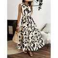 Damen Maxi-Kleid mit maskulinem Blätterdruck und tailliertem Gürtel R&B