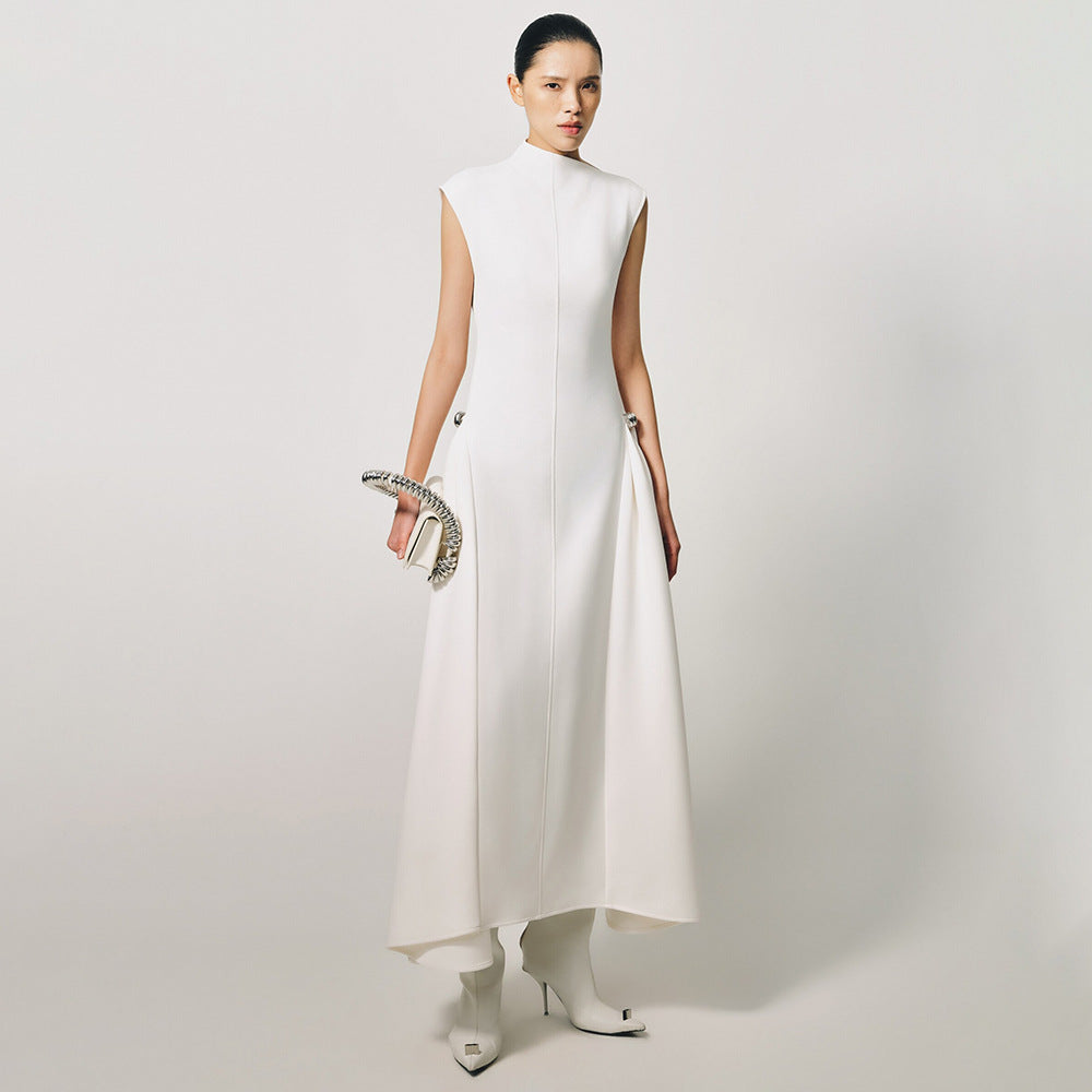 Damen elegantes bodenlanges Kleid mit außergewöhnlichem Kragen und innovativer Silhouette R&B