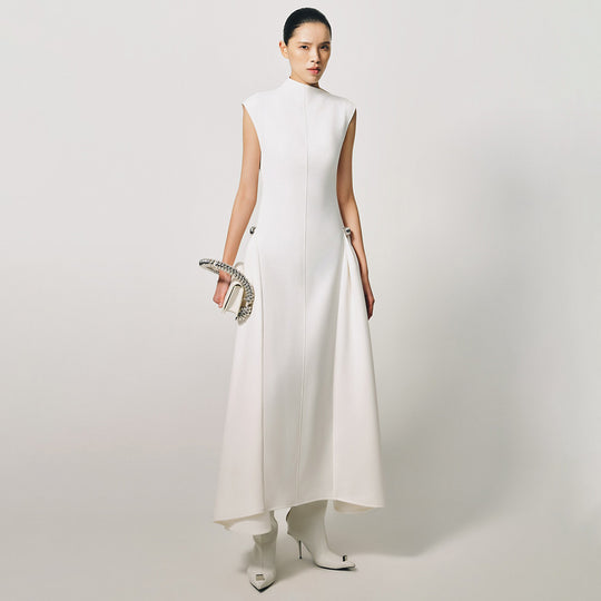Damen elegantes bodenlanges Kleid mit außergewöhnlichem Kragen und innovativer Silhouette R&B